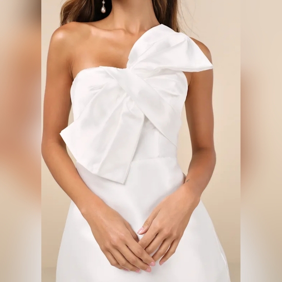 Lulus Women's Utterly Pretty White Bow One-Shoulder Mini Dress with Pockets, S - Picture 5 of 9